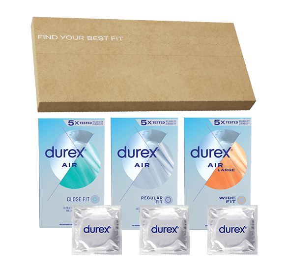 Durex Fitlab Kit with 1 Foil of Durex Air Close Fit, 1 Foil of Durex Air Regular Fit, and 1 Foil of Durex Air Large Fit